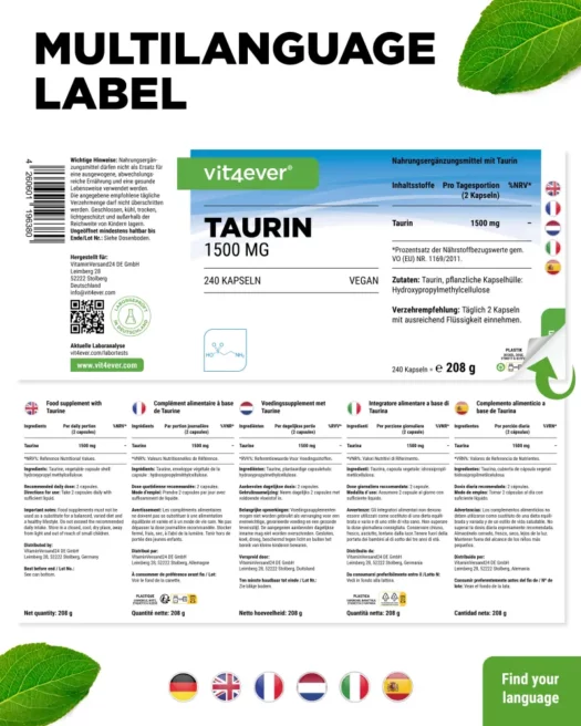 Vit4ever <br>Taurine - 240 gélules – Image 3