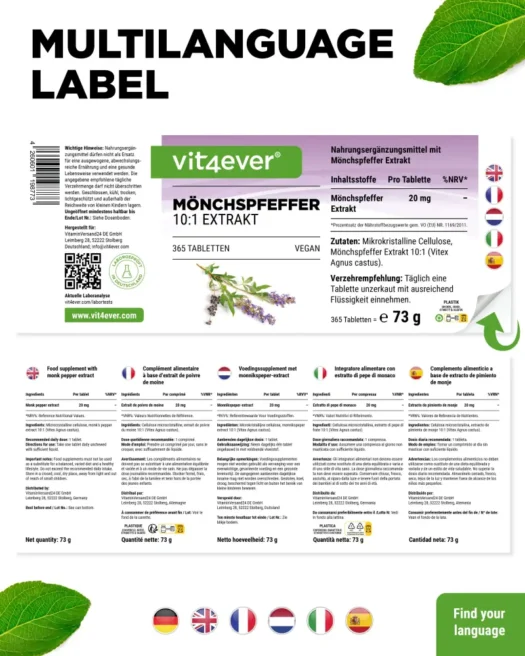Vit4ever <br>Estratto di pepe di monaco 10:1 - 365 compresse - immagine 3