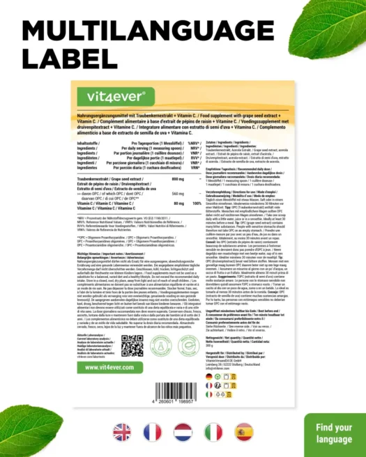 Vit4ever <br>OPC Druivenpitextract + Vitamine C - 300 g - Afbeelding 3