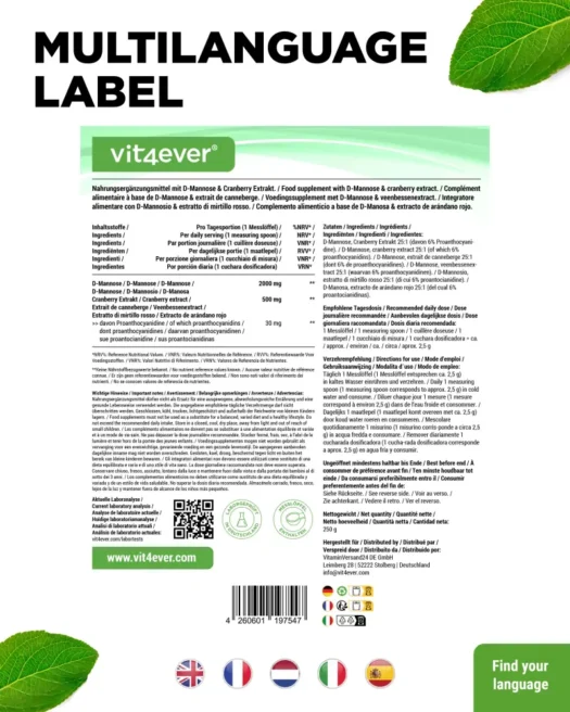 Vit4ever <br>D-Mannosio + Mirtillo rosso - 250 g - immagine 3