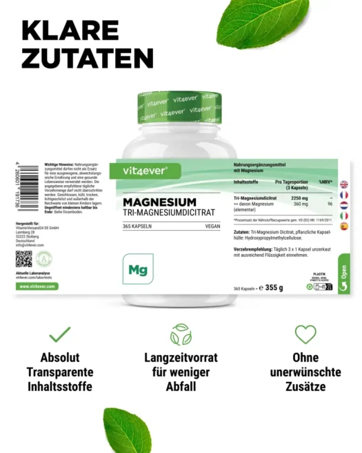 Vit4ever <br>Tri-Magnesiumdicitrat - 365 Kapseln – Bild 2