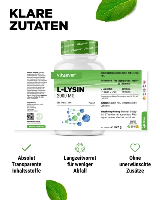 Vit4ever <br>L-Lysin - 365 Tabletten – Bild 2