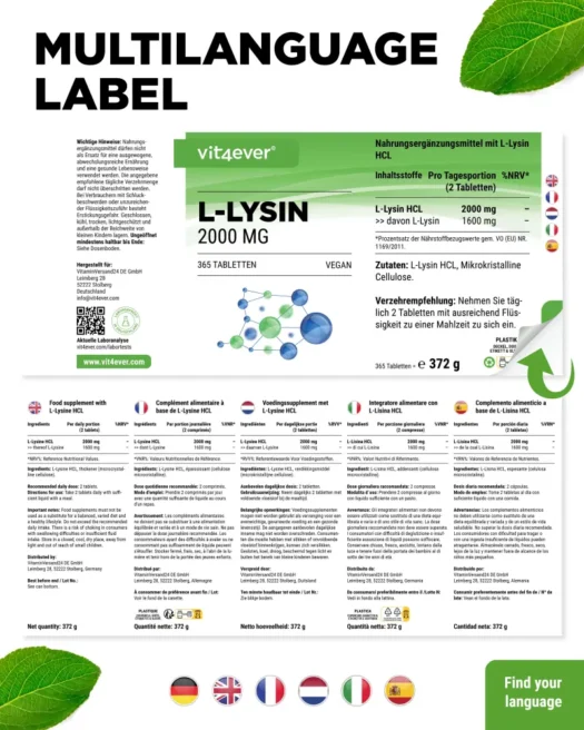 Vit4ever <br>L-Lysin - 365 Tabletten – Bild 3