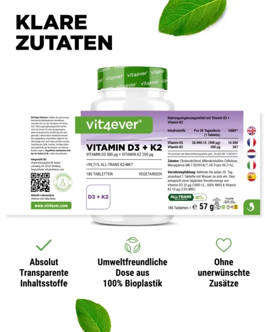 Vit4ever <br>Vitamin D3 20000 I.E. + K2 - 180 Tabletten – Bild 2