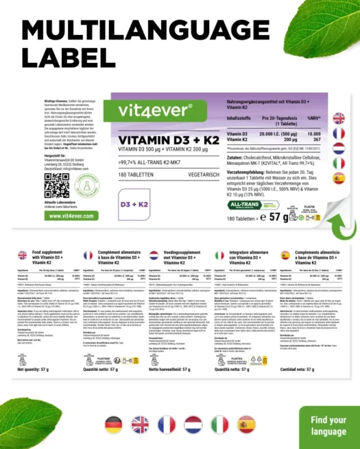 Vit4ever <br>Vitamin D3 20000 I.E. + K2 - 180 Tabletten – Bild 3