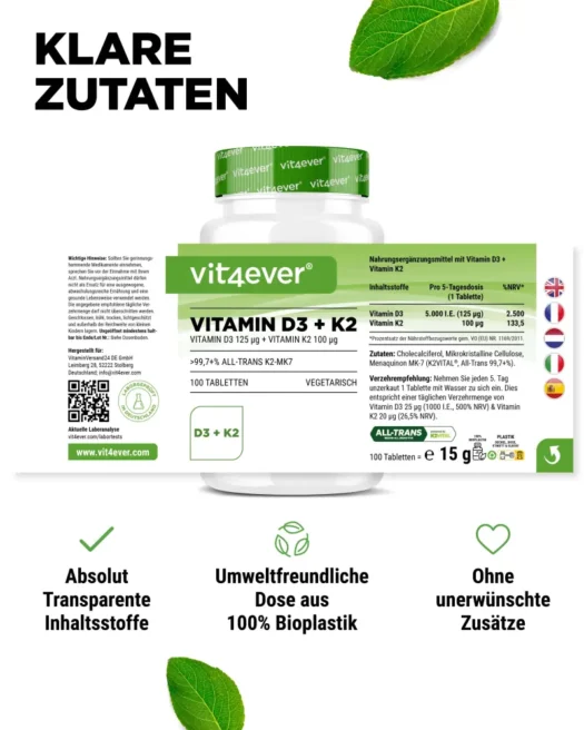 Vit4ever <br>Vitamina D3 5000 UI + K2 - 100 comprimidos - Imagen 2