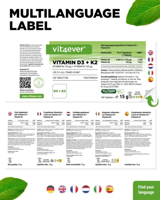 Vit4ever <br>Vitamina D3 5000 UI + K2 - 100 comprimidos - Imagen 3