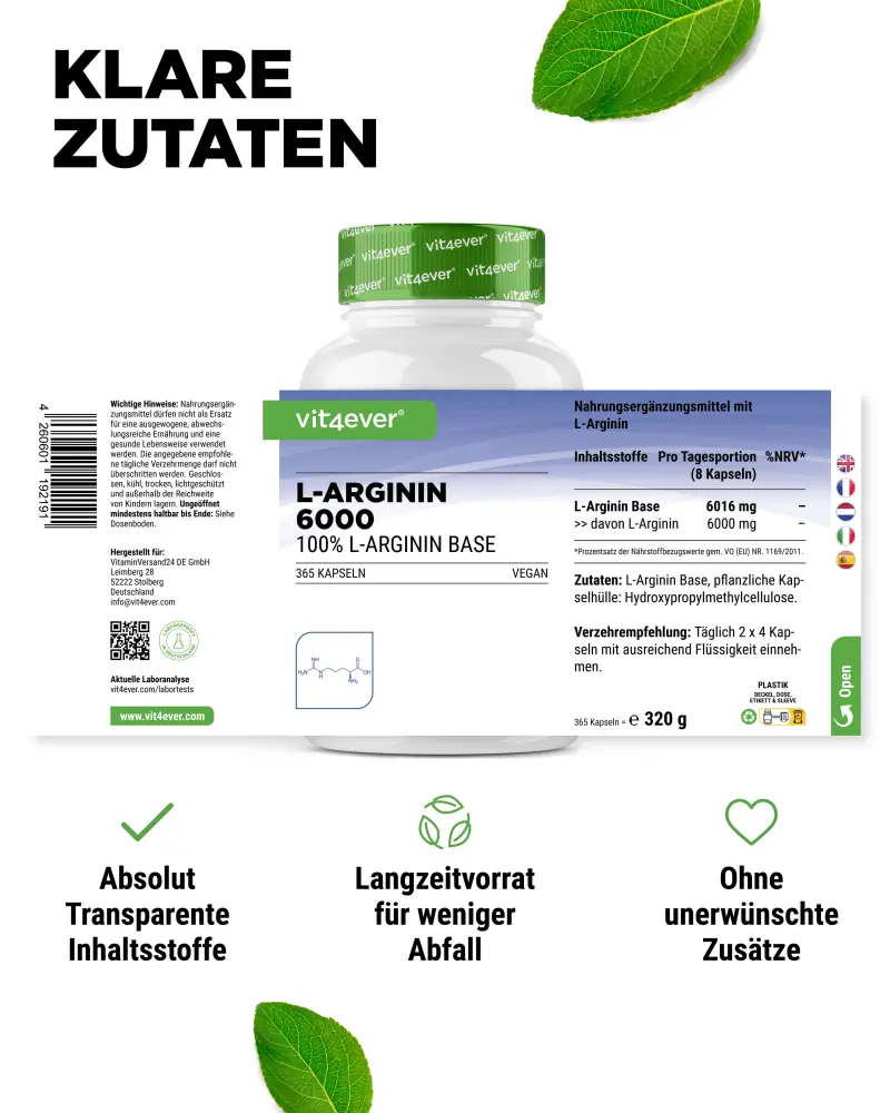 Vit4ever L-Arginine Intenso – 365 capsules – Nährwerte