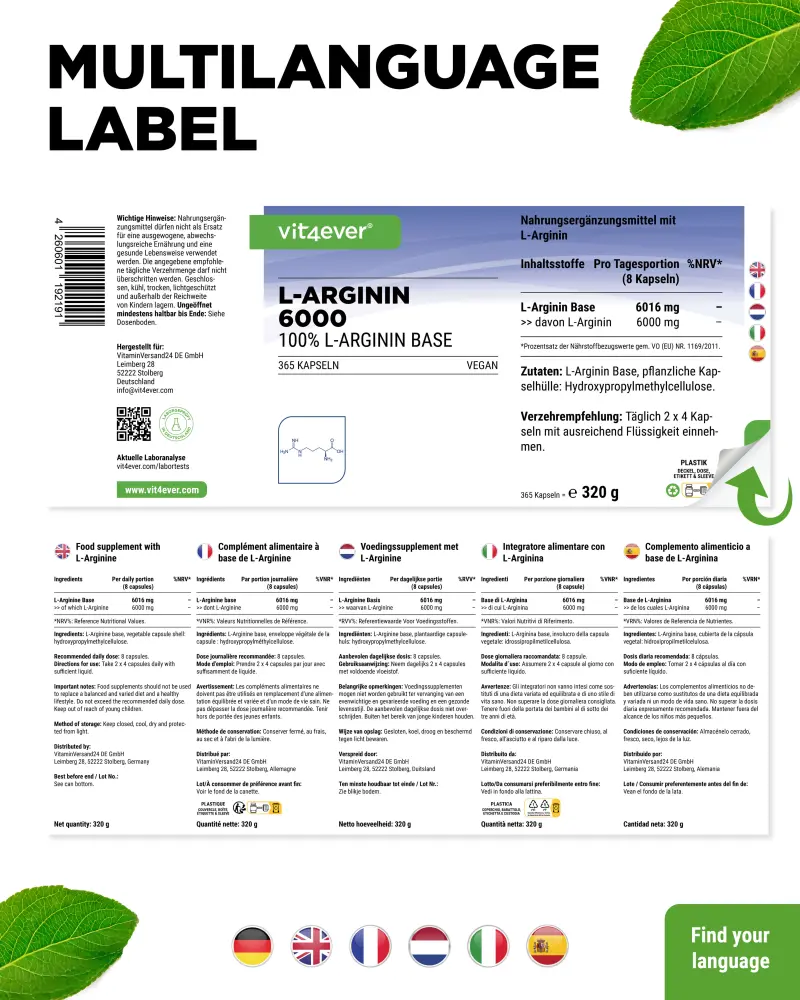 Vit4ever L-Arginine Intenso – 365 capsules – Rückseite