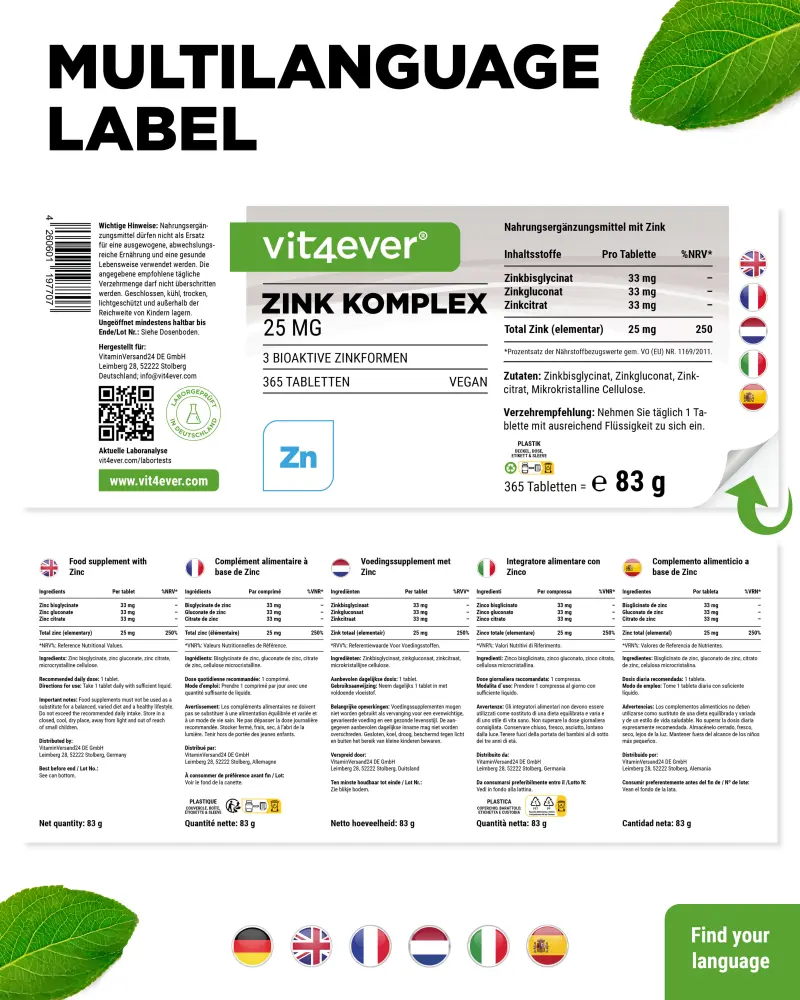 vit4ever zinkcomplex 25 mg – 400 tabletten – etiket